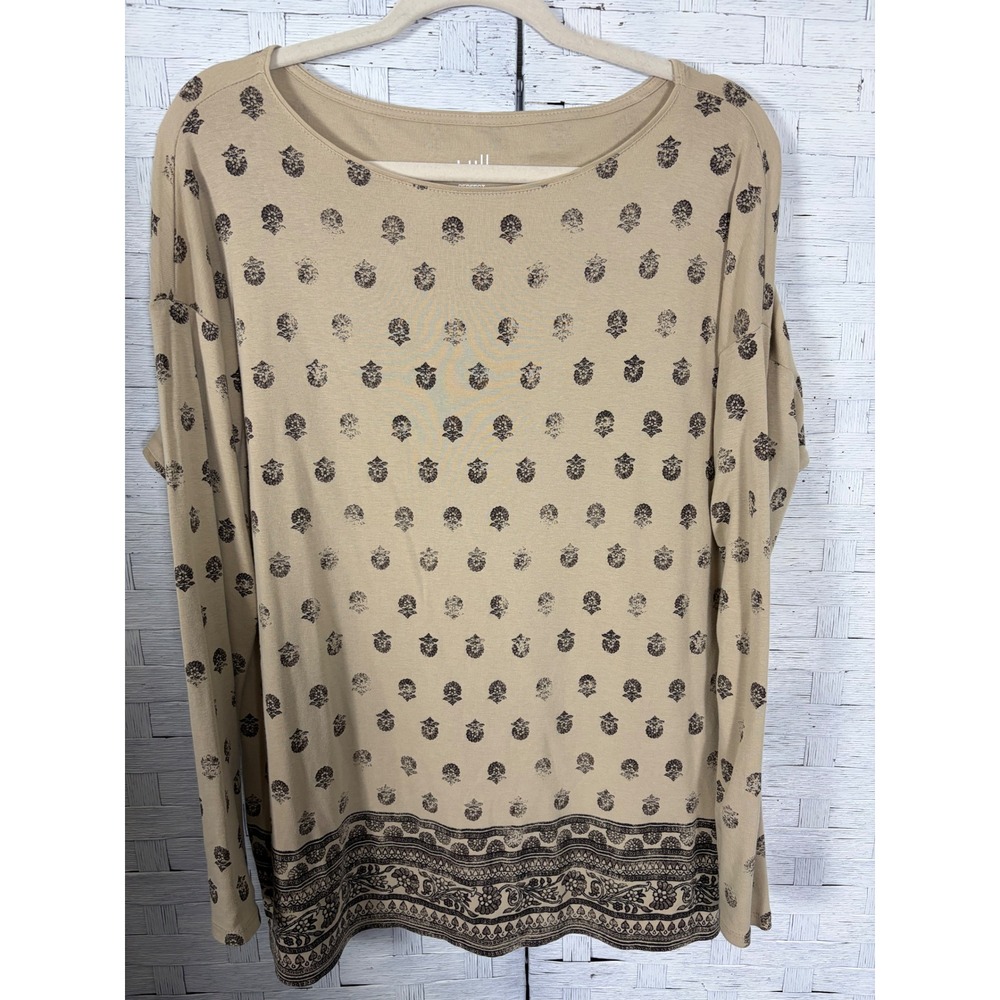 J. Jill Womens TopPerfect Pima Cotton Long Sleeve Floral Block Print Tan Beige